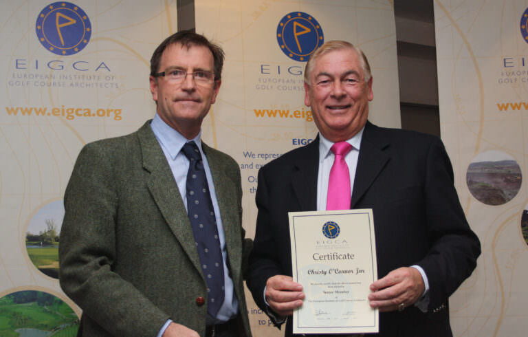 Christy O'Connor Jnr (right) receiving his Senior Membership Certificate from the then EIGCA President, David Krause