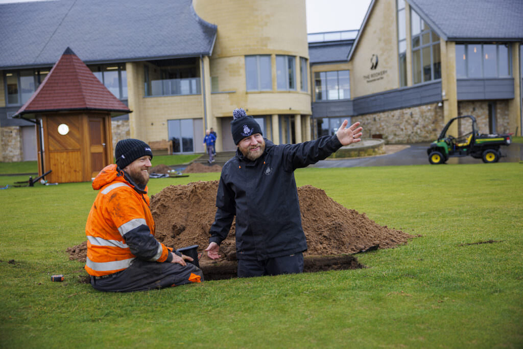Irrigation Technician Stephen Sutherland (R) overseeing the installation of rotors on the Championship Course. Photo courtesy of Rain Bird