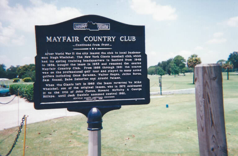 Seminole County Historical Commissions sign which is located in front of the club house at Mayfair. The message lists Donald Ross as course architect.