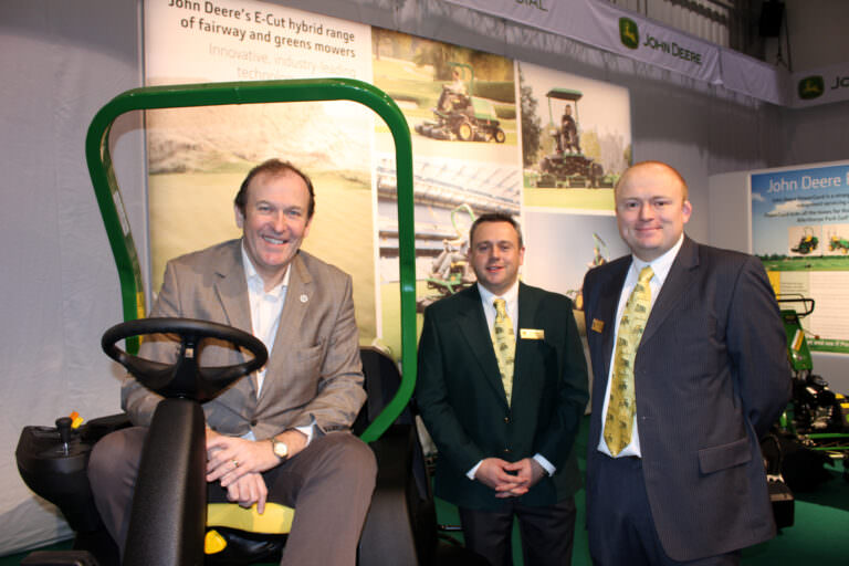 Jerry Kilby (left), executive director of the UKGCOA, with John Deere's national account manager Paul Trowman and turf division sales manager Joedy Ibbotson